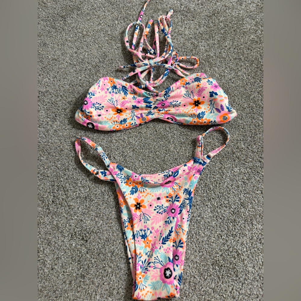 One One Cinched Strappy Pink Floral Bikini Set Size XS Adjustable Tie Swim Wear